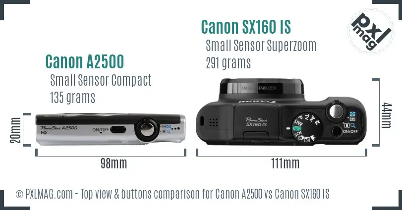 Canon A2500 vs Canon SX160 IS top view buttons comparison