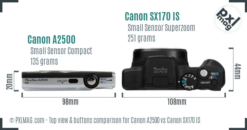 Canon A2500 vs Canon SX170 IS top view buttons comparison