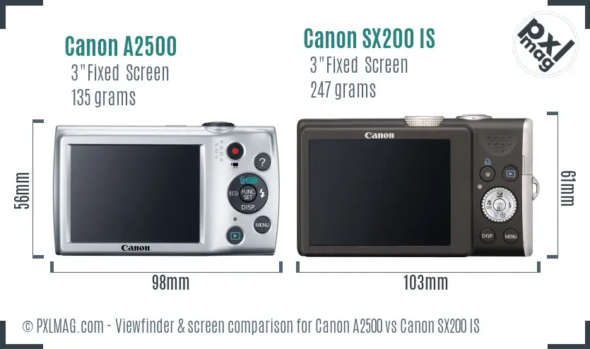 Canon A2500 vs Canon SX200 IS Screen and Viewfinder comparison