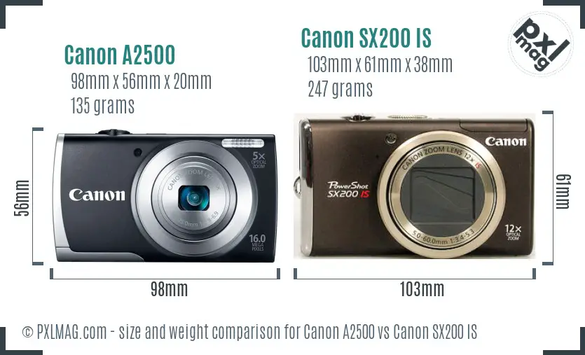 Canon A2500 vs Canon SX200 IS size comparison