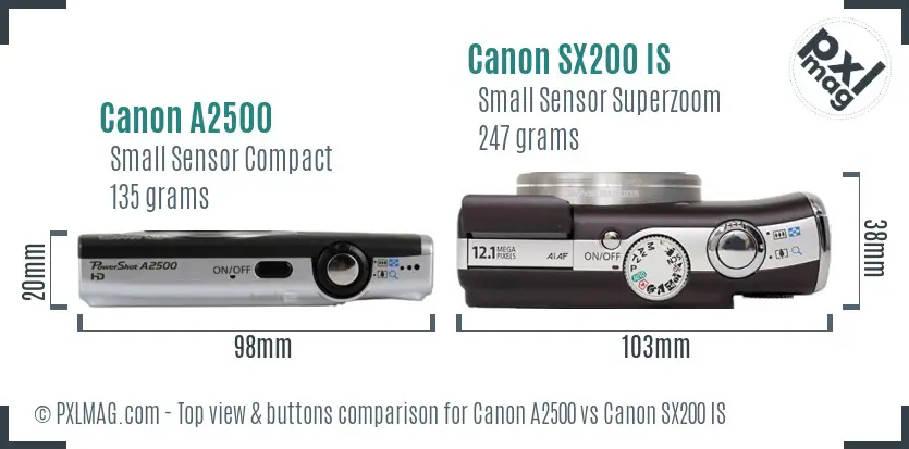Canon A2500 vs Canon SX200 IS top view buttons comparison