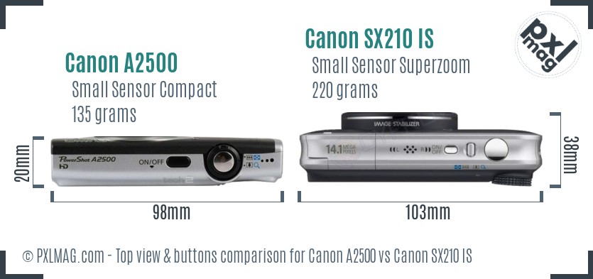 Canon A2500 vs Canon SX210 IS top view buttons comparison