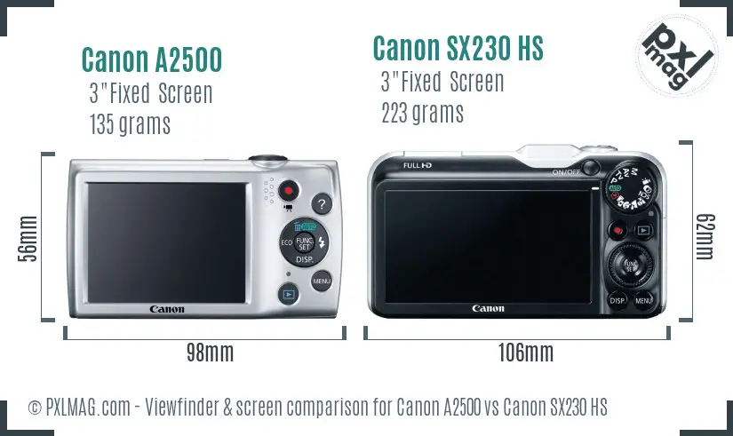 Canon A2500 vs Canon SX230 HS Screen and Viewfinder comparison