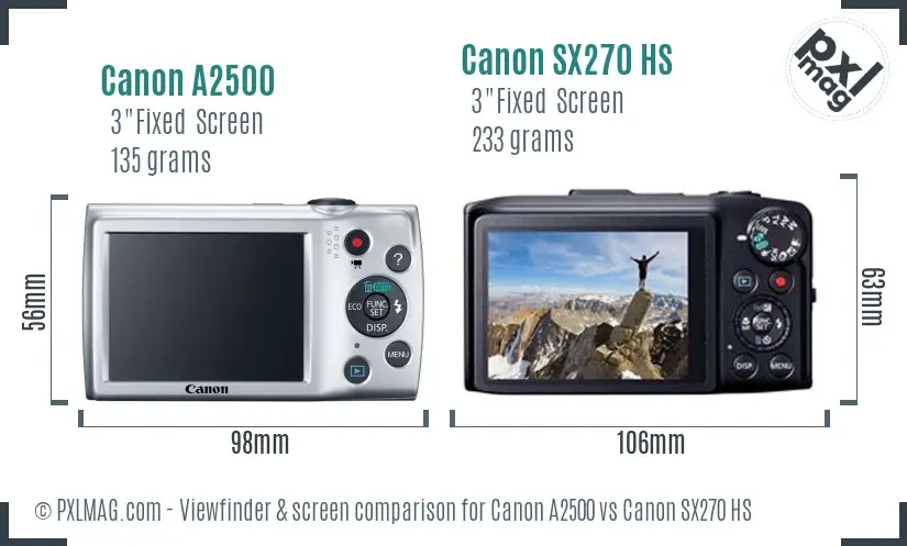 Canon A2500 vs Canon SX270 HS Screen and Viewfinder comparison