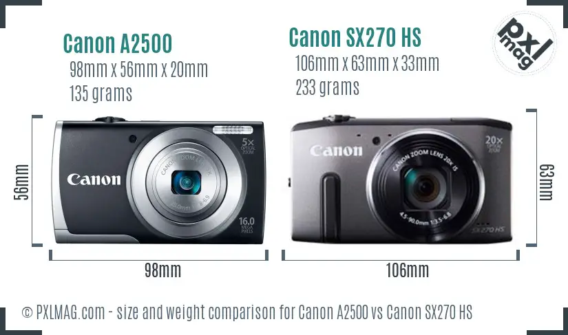 Canon A2500 vs Canon SX270 HS size comparison