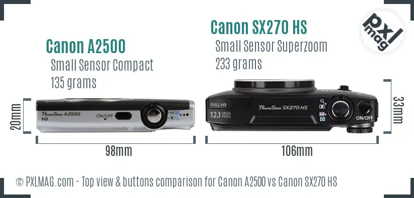 Canon A2500 vs Canon SX270 HS top view buttons comparison