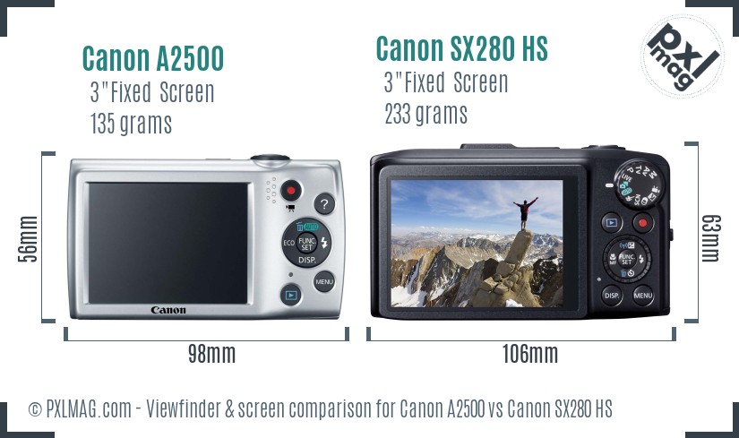Canon A2500 vs Canon SX280 HS Screen and Viewfinder comparison