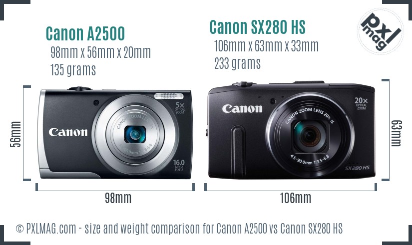 Canon A2500 vs Canon SX280 HS size comparison Canon A2500 vs Canon SX280 HS size comparison