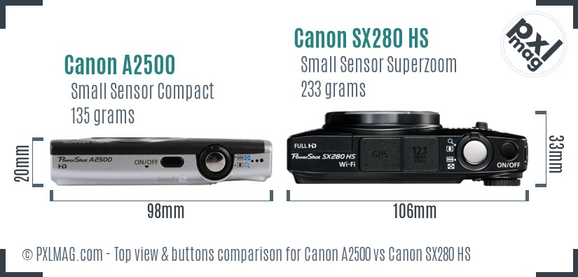 Canon A2500 vs Canon SX280 HS top view buttons comparison