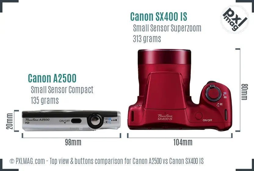 Canon A2500 vs Canon SX400 IS top view buttons comparison Canon A2500 vs Canon SX400 IS top view buttons comparison