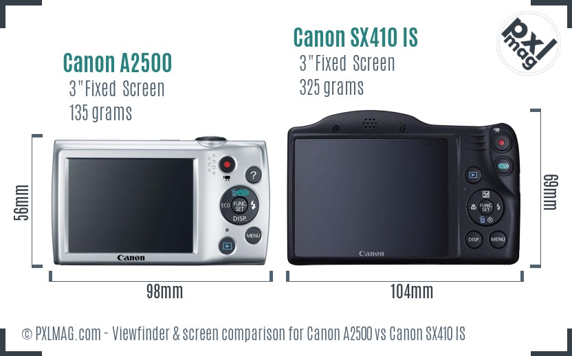 Canon A2500 vs Canon SX410 IS Screen and Viewfinder comparison