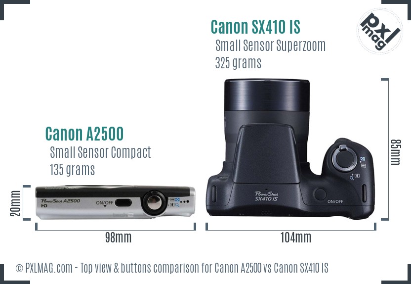 Canon A2500 vs Canon SX410 IS top view buttons comparison
