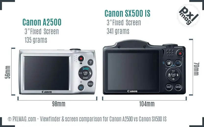 Canon A2500 vs Canon SX500 IS Screen and Viewfinder comparison