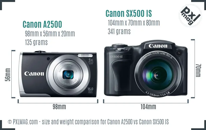 Canon A2500 vs Canon SX500 IS size comparison