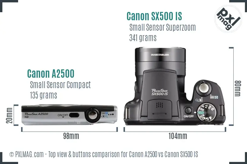 Canon A2500 vs Canon SX500 IS top view buttons comparison