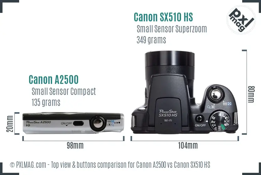 Canon A2500 vs Canon SX510 HS top view buttons comparison Canon A2500 vs Canon SX510 HS top view buttons comparison