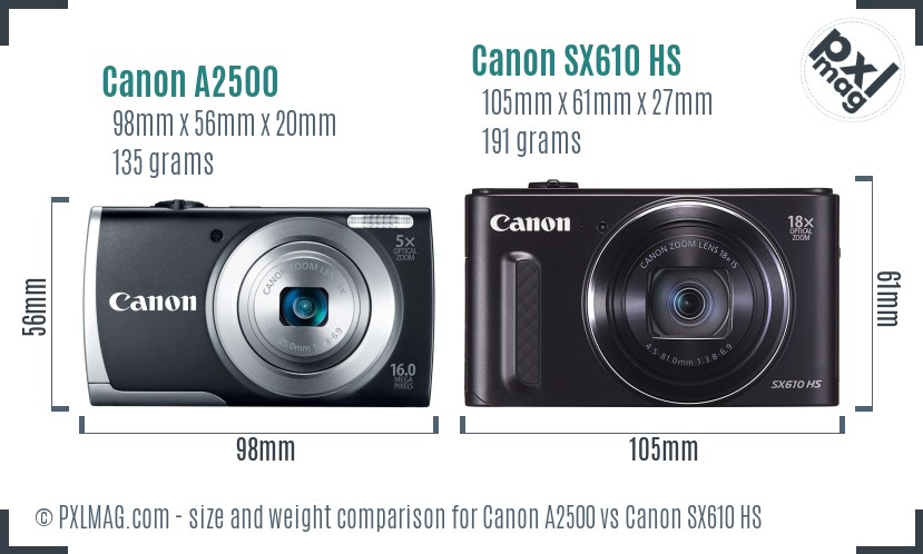 Canon A2500 vs Canon SX610 HS size comparison