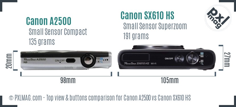 Canon A2500 vs Canon SX610 HS top view buttons comparison