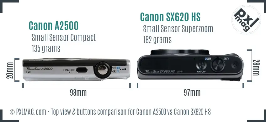 Canon A2500 vs Canon SX620 HS top view buttons comparison