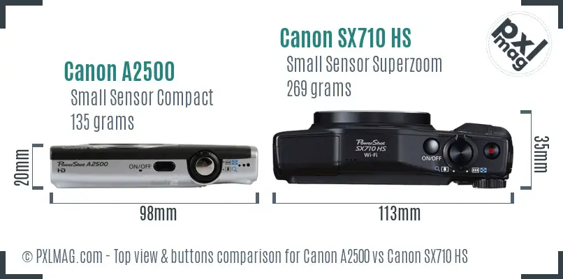 Canon A2500 vs Canon SX710 HS top view buttons comparison Canon A2500 vs Canon SX710 HS top view buttons comparison