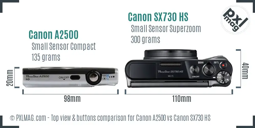 Canon A2500 vs Canon SX730 HS top view buttons comparison Canon A2500 vs Canon SX730 HS top view buttons comparison