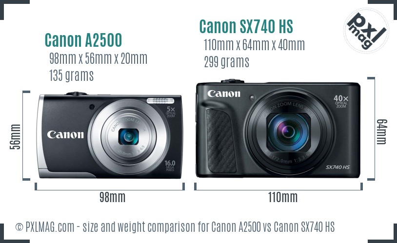 Canon A2500 vs Canon SX740 HS size comparison