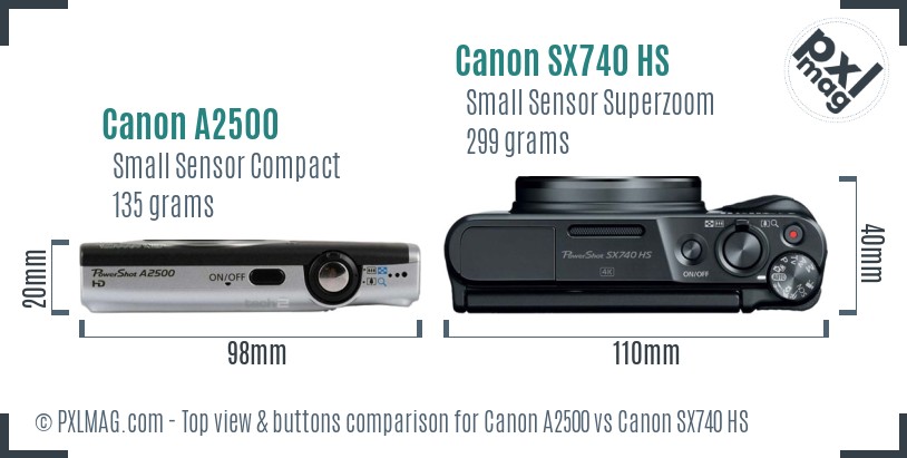 Canon A2500 vs Canon SX740 HS top view buttons comparison