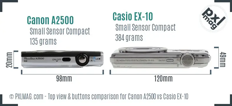 Canon A2500 vs Casio EX-10 top view buttons comparison