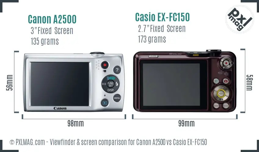 Canon A2500 vs Casio EX-FC150 Screen and Viewfinder comparison