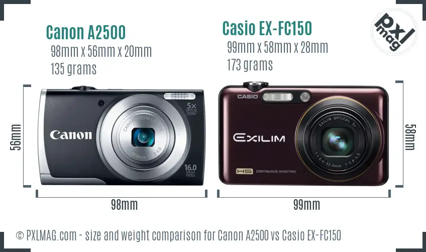 Canon A2500 vs Casio EX-FC150 size comparison