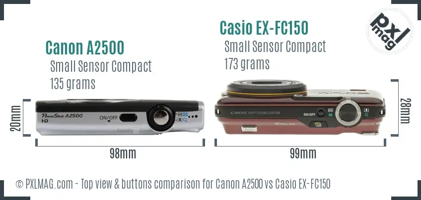 Canon A2500 vs Casio EX-FC150 top view buttons comparison