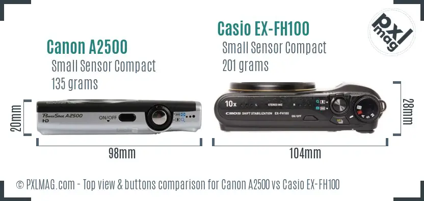 Canon A2500 vs Casio EX-FH100 top view buttons comparison
