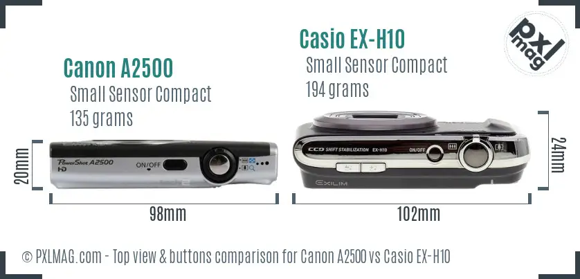 Canon A2500 vs Casio EX-H10 top view buttons comparison Canon A2500 vs Casio EX-H10 top view buttons comparison