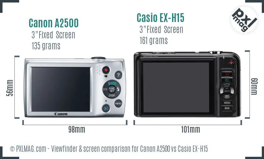 Canon A2500 vs Casio EX-H15 Screen and Viewfinder comparison