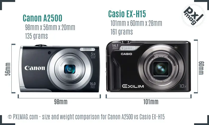 Canon A2500 vs Casio EX-H15 size comparison