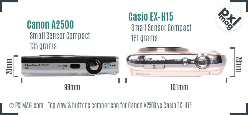 Canon A2500 vs Casio EX-H15 top view buttons comparison