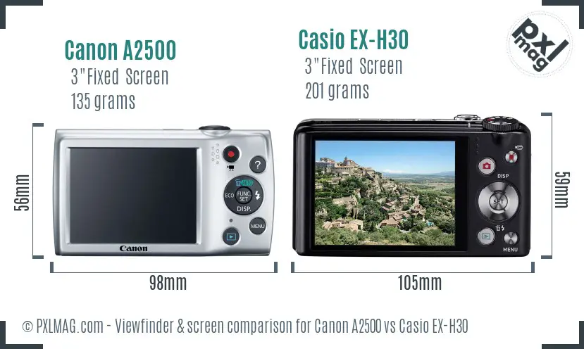 Canon A2500 vs Casio EX-H30 Screen and Viewfinder comparison