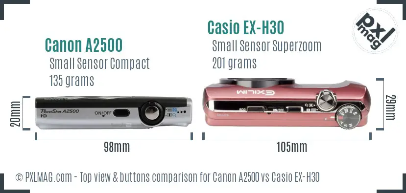 Canon A2500 vs Casio EX-H30 top view buttons comparison