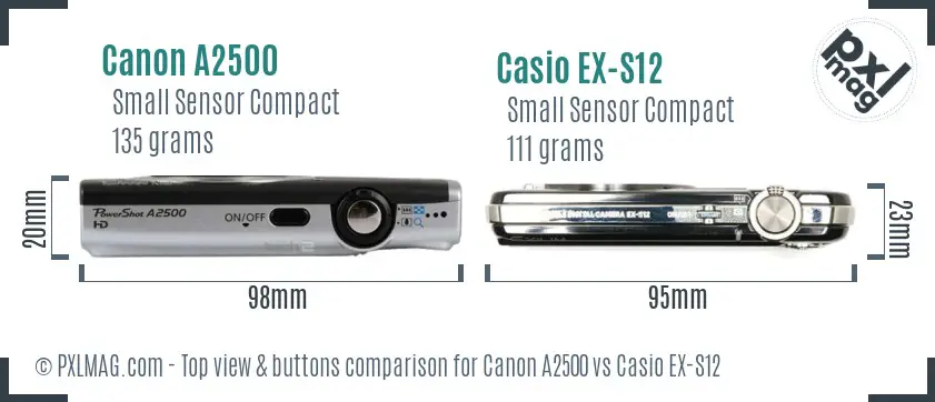 Canon A2500 vs Casio EX-S12 top view buttons comparison