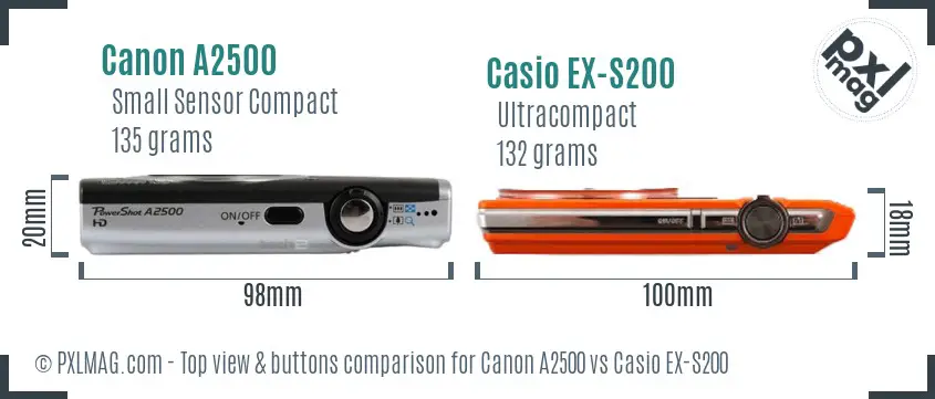Canon A2500 vs Casio EX-S200 top view buttons comparison