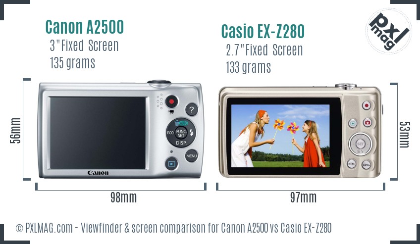 Canon A2500 vs Casio EX-Z280 Screen and Viewfinder comparison