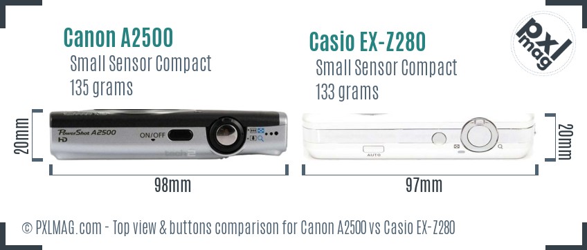 Canon A2500 vs Casio EX-Z280 top view buttons comparison
