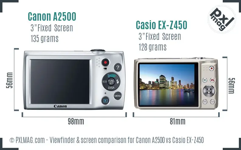 Canon A2500 vs Casio EX-Z450 Screen and Viewfinder comparison