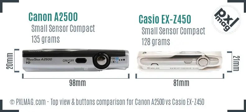 Canon A2500 vs Casio EX-Z450 top view buttons comparison