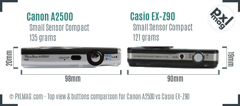 Canon A2500 vs Casio EX-Z90 top view buttons comparison