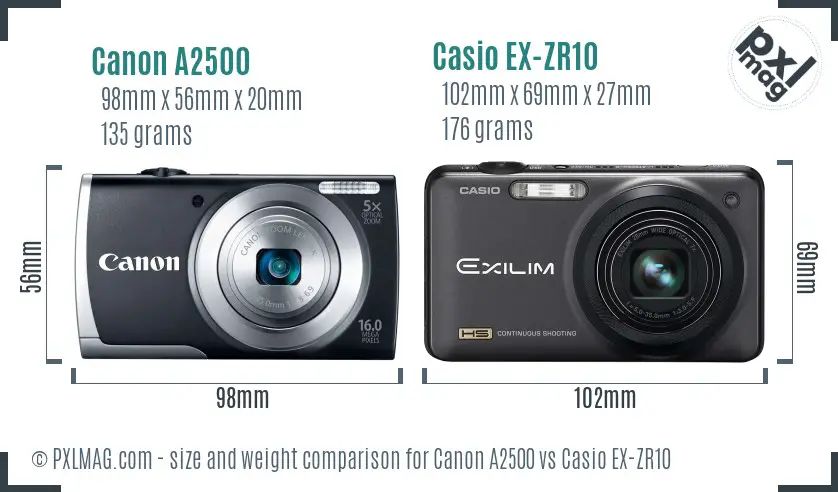 Canon A2500 vs Casio EX-ZR10 size comparison