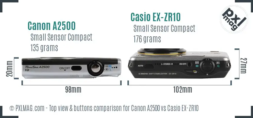 Canon A2500 vs Casio EX-ZR10 top view buttons comparison