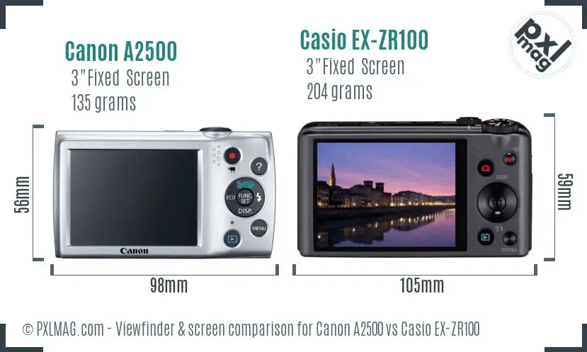 Canon A2500 vs Casio EX-ZR100 Screen and Viewfinder comparison