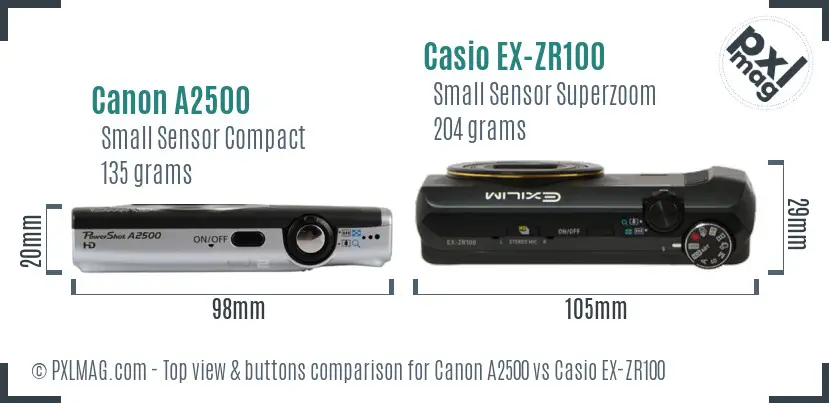 Canon A2500 vs Casio EX-ZR100 top view buttons comparison