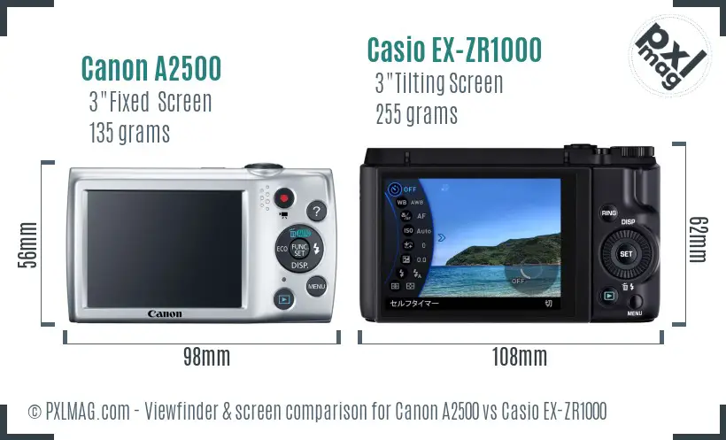 Canon A2500 vs Casio EX-ZR1000 Screen and Viewfinder comparison